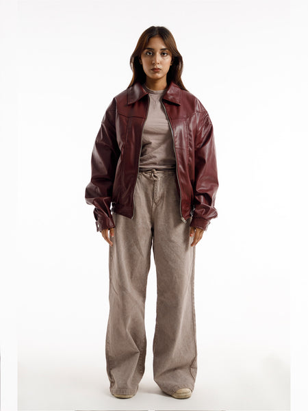BURGANDY OVERSIZED STRAIGHT PANEL LEATHER JACKET