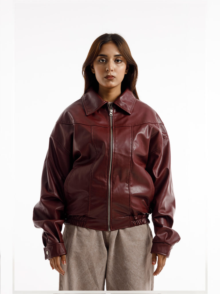 BURGANDY OVERSIZED STRAIGHT PANEL LEATHER JACKET