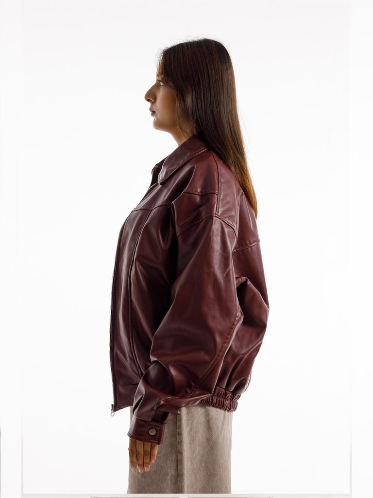 BURGANDY OVERSIZED STRAIGHT PANEL LEATHER JACKET