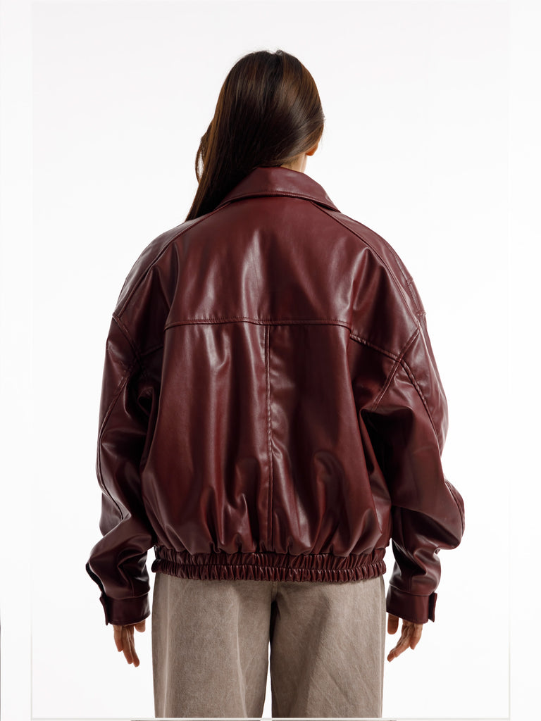 BURGANDY OVERSIZED STRAIGHT PANEL LEATHER JACKET