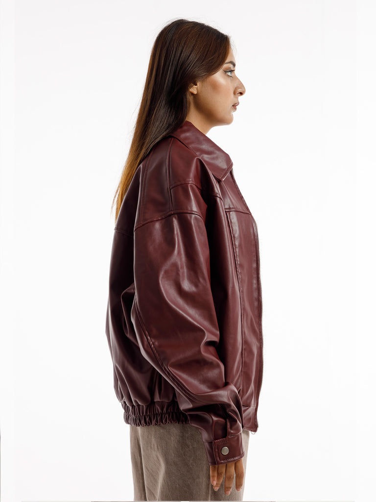 BURGANDY OVERSIZED STRAIGHT PANEL LEATHER JACKET