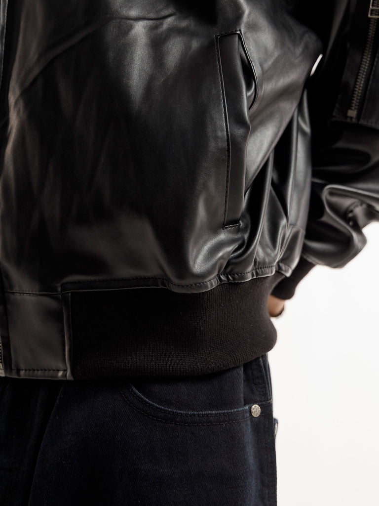 BLACK OVERSIZED BOMBER LEATHER JACKET