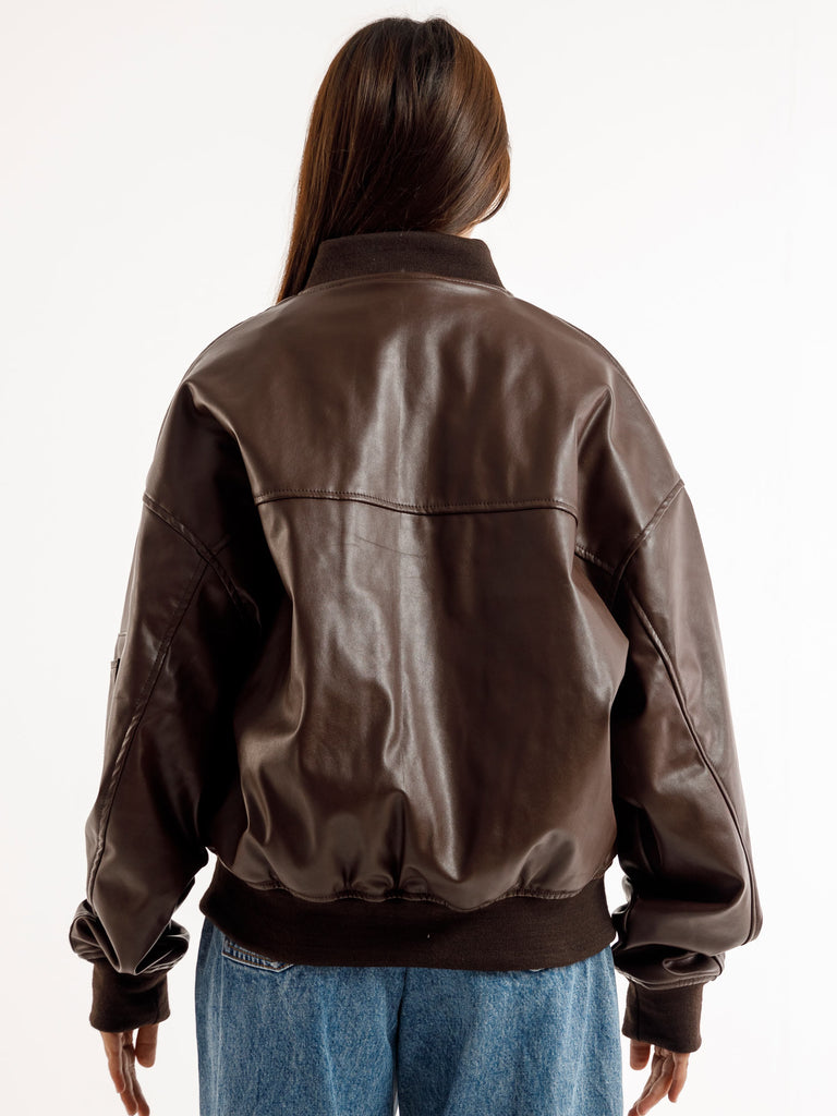BROWN OVERSIZED STRAIGHT PANEL LEATHER JACKET