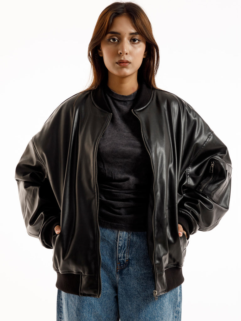 BLACK OVERSIZED BOMBER LEATHER JACKET