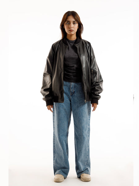 BLACK OVERSIZED BOMBER LEATHER JACKET (hover)
