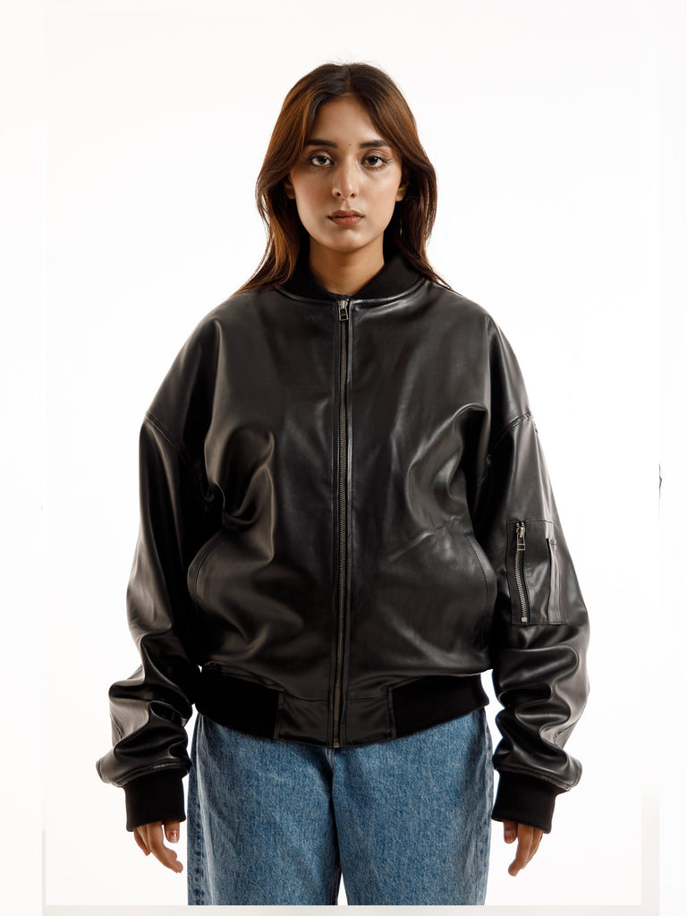 BLACK OVERSIZED BOMBER LEATHER JACKET