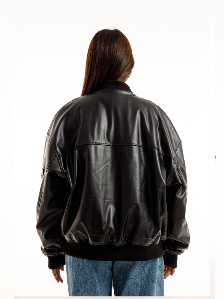 BLACK OVERSIZED BOMBER LEATHER JACKET
