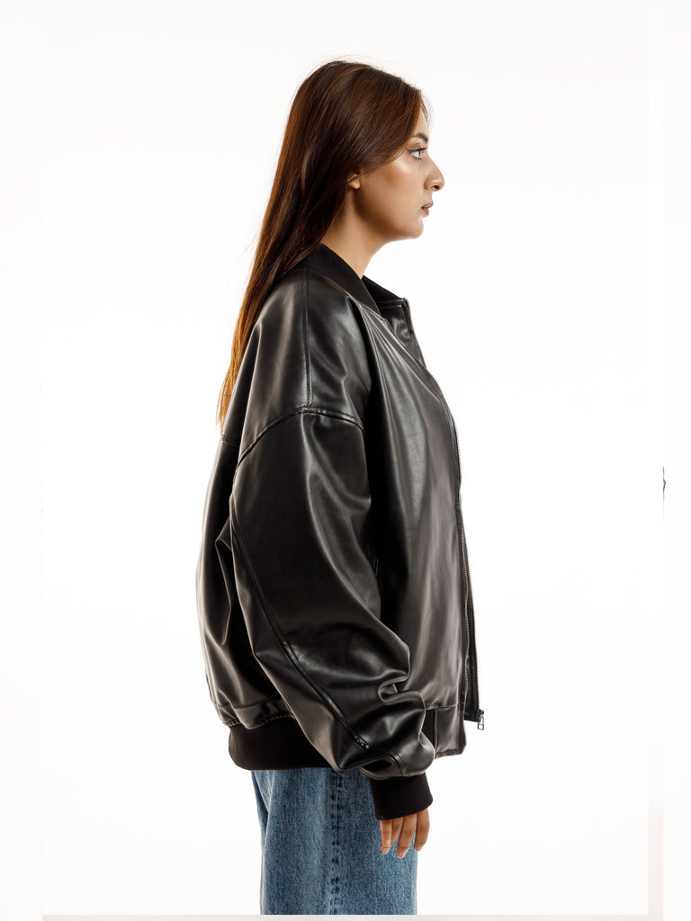 BLACK OVERSIZED BOMBER LEATHER JACKET