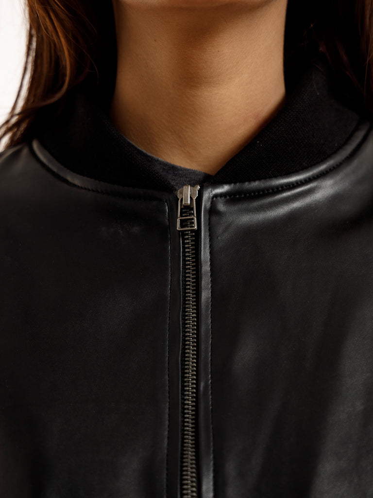 BLACK OVERSIZED BOMBER LEATHER JACKET
