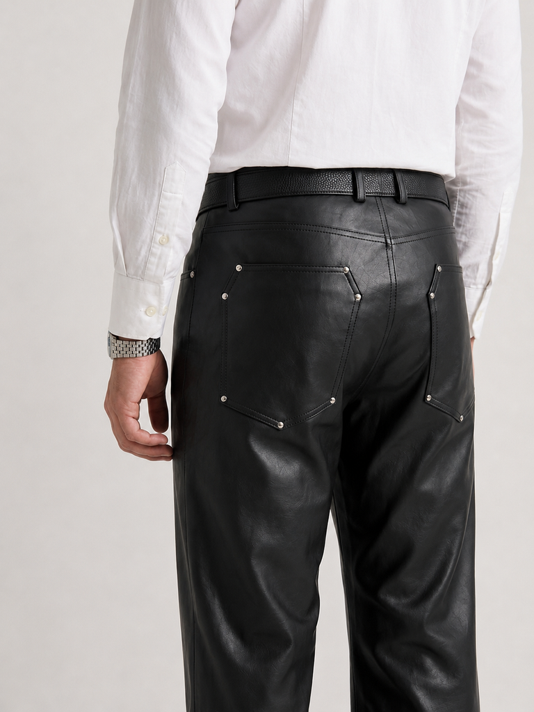 Metallic Zipper Studded black Faux Leather Pants