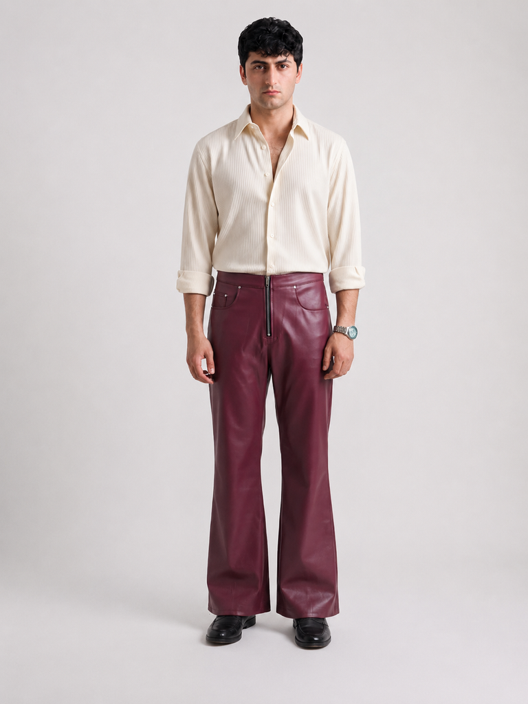 Metallic Zipper Studded Maroon Faux Leather Pants