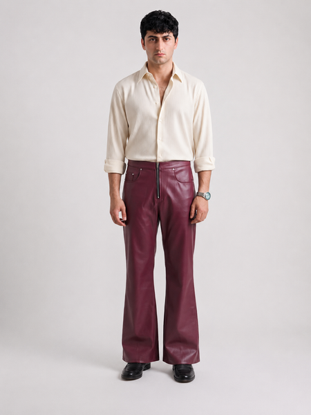 Metallic Zipper Studded Maroon Faux Leather Pants