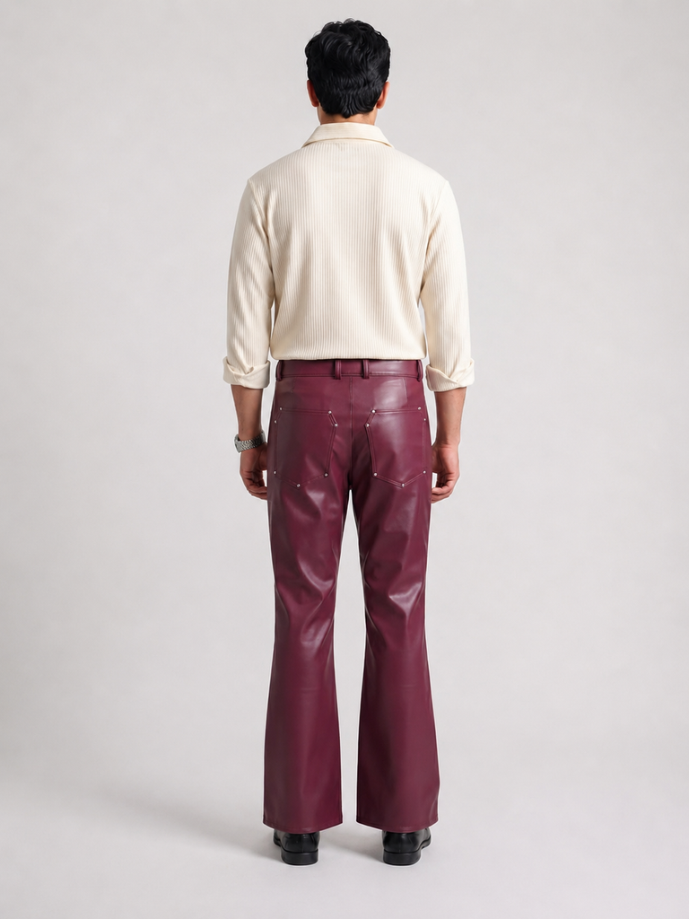Metallic Zipper Studded Maroon Faux Leather Pants