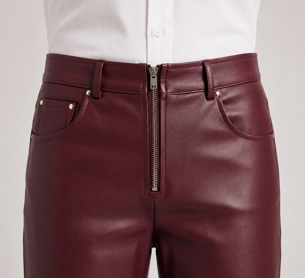 Metallic Zipper Studded Maroon Faux Leather Pants