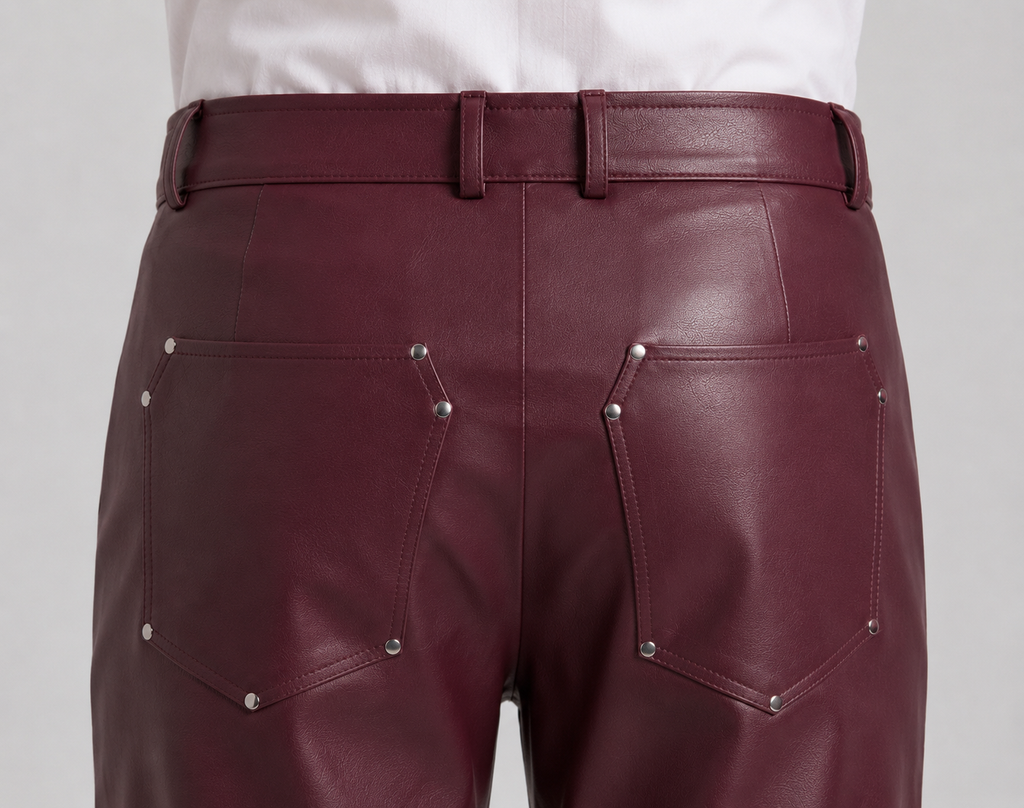 Metallic Zipper Studded Maroon Faux Leather Pants