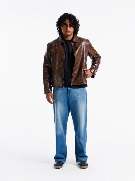 Croco Embossed Leather Jacket Vintage Brown