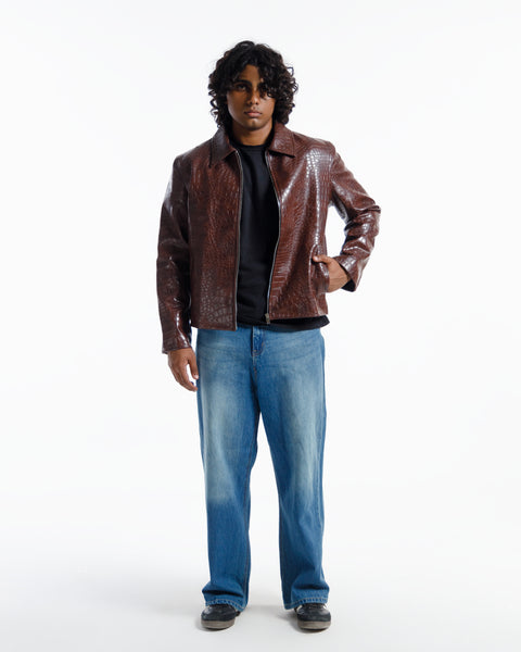 Croco Embossed Leather Jacket Vintage Brown