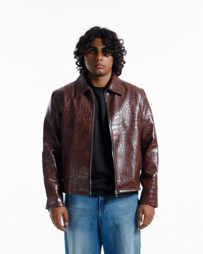 Croco Embossed Leather Jacket Vintage Brown