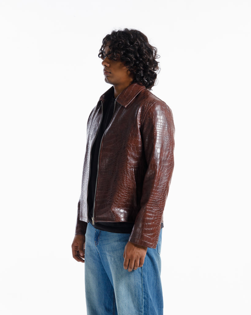 Croco Embossed Leather Jacket Vintage Brown