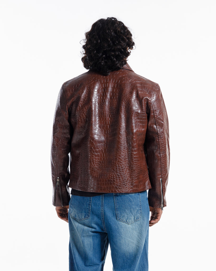 Croco Embossed Leather Jacket Vintage Brown