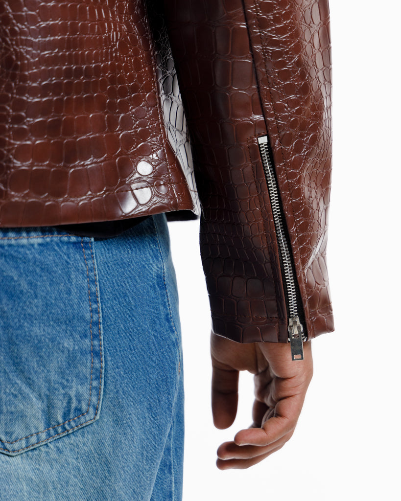 Croco Embossed Leather Jacket Vintage Brown