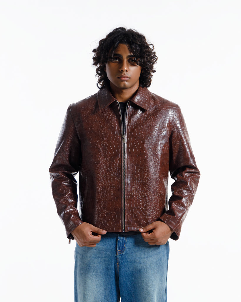 Croco Embossed Leather Jacket Vintage Brown