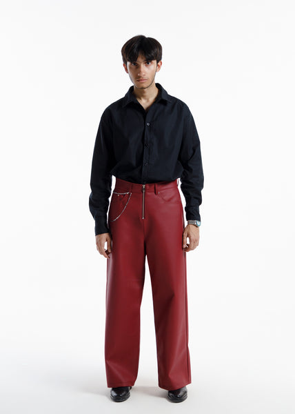 Premium retro burgundy Leather Baggy Pants