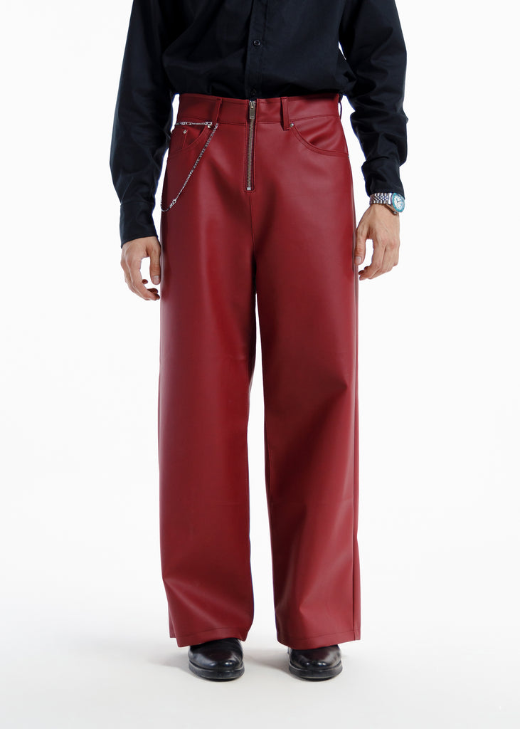 Premium retro burgundy Leather Baggy Pants