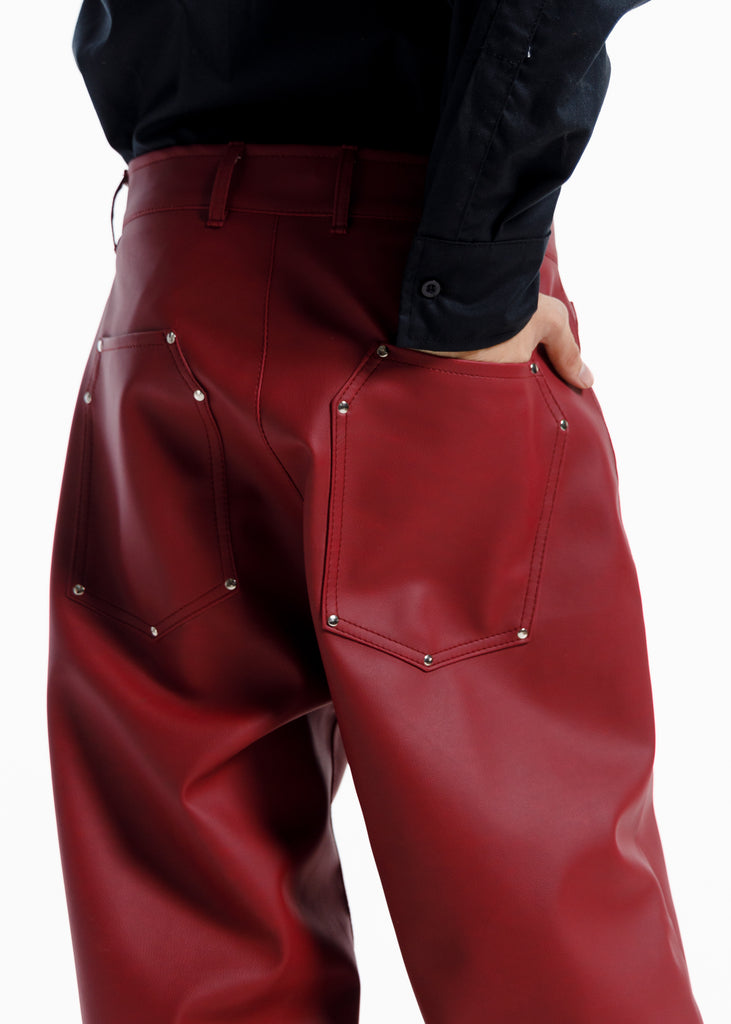 Premium retro burgundy Leather Baggy Pants