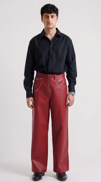 Premium retro burgundy Leather Baggy Pants