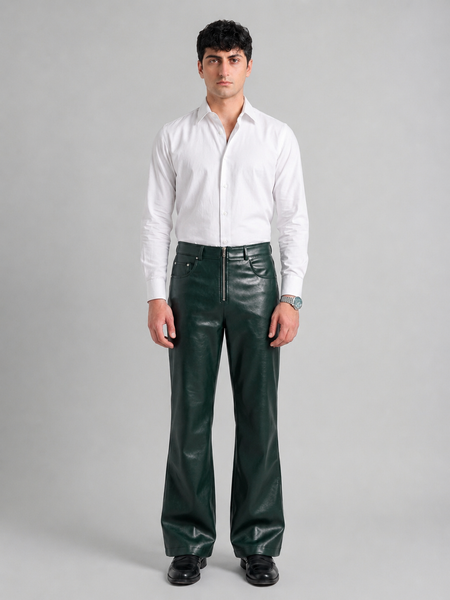 Metallic Zipper Studded Emerlad green Faux Leather Pants